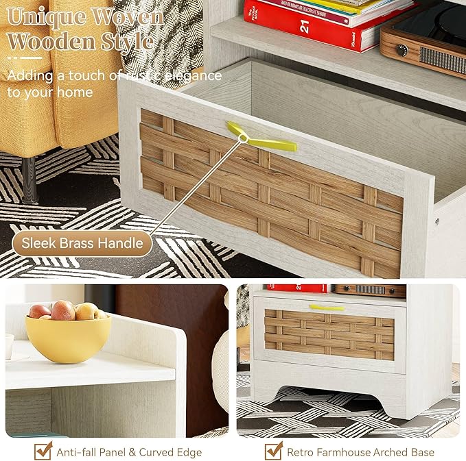24" Rattan Nightstand Set of 2, White Bedside Table with Semi Open Cubby, Boho Night Stand with Farmhouse Arched Base for Bedroom, Side Table, End Table for Dorm
