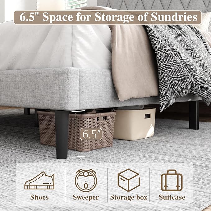 King Size Bed Frame with Diamond Tufted Headboard, Linen Upholstered Platform Bed and Wooden Slat Support, Noise-Free, No Box Spring Needed, Easy Assembly, Light Grey