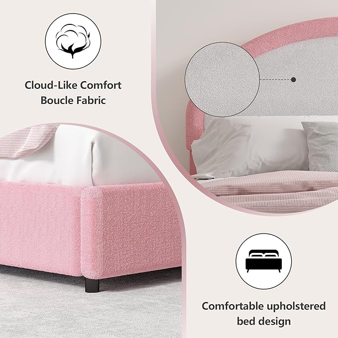Queen Bed Frame, Boucle Upholstered Platform Bed Frame with Headboard, White Bed Frame, Soft Rounded Corners, No Box Spring Required, Easy Assembly, Pink&White