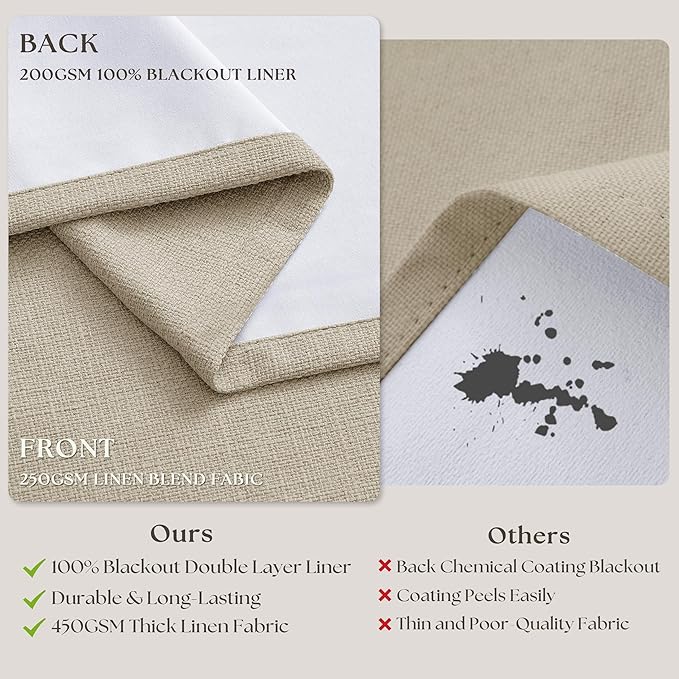 Neutral Oatmeal Pinch Pleated 100% Blackout Linen Curtains 80 Inch Length 2 Panels Set Pinch Pleat Curtains Black Out Light Blocking Room Darkening Drapes with Liner for Bedroom Living Room Window
