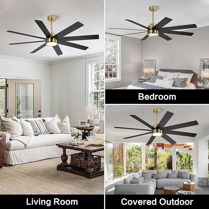 WINGBO 60" Large DC Ceiling Fans with Lights and Remote, 3 Downrods, 8 Plywood Blades, 6-Speeds Reversible DC Motor, 3CCT, Indoor Ceiling Fan for Bedroom Living Room Patio, Brass and Black