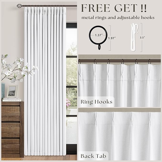 White Pinch Pleated Blackout Linen Curtains 120 Inches Long for Living Room Bedroom 2 Panels Room Darkening Thermal Insulated Neutral Pure White Farmhouse 100% Black Out Window Curtain Drape 120 Inch