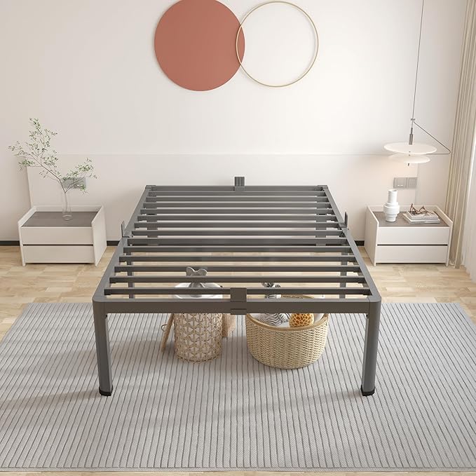 ROIL 16 Inch Twin XL Bed Frame with Rounded Corner and Headboard Hole Mattress Retainers 3500LBS Metal Heavy Duty Steel Slats No Box Spring Needed Platform Noise-Free Easy Assembly