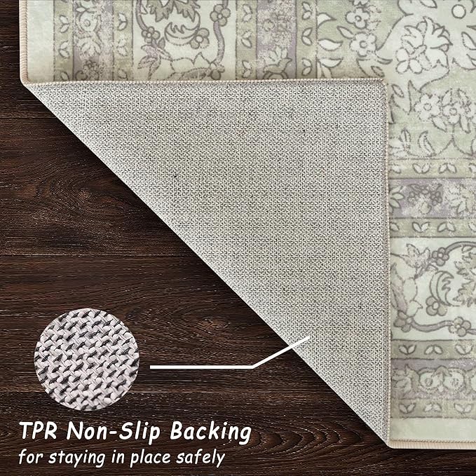 vivorug Sage Green 9x12 Area Rugs for Living Room, Non Slip Machine Washable Vintage Rug, Ultra-Thin Lightweight Large Area Rug for Bedroom, Dining Room, Low Pile Rug