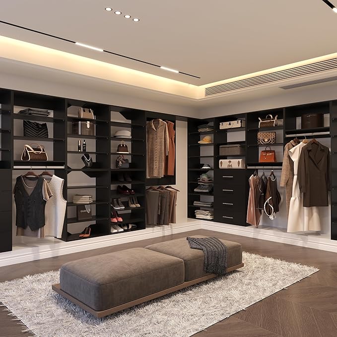 Medium Double Hanging Closet Unit, Modular Closet System, Wood Closet System Organizer with Storage for Walk in Closets, Clothing Rack Closet for Hanging Clothes, Bedroom,Black, 31.5" W