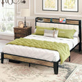 LIKIMIO Full Size Bed Frame, Storage Headboard with Charging Station, Solid and Stable, Noise Free, No Box Spring Needed, Easy Assembly (Walnut and Beige)