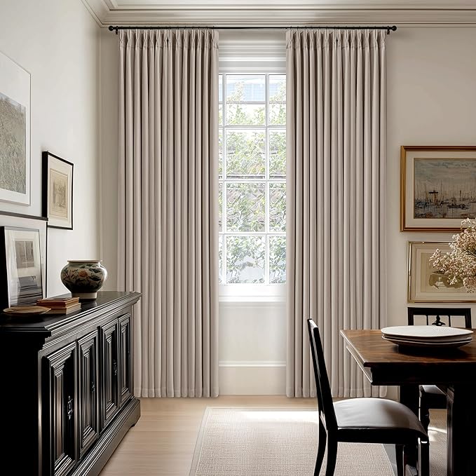 Pleated Linen Blackout Curtains 112 Inches Long for Living Room Pinch Pleat for Track System Custom Made Memory Shape Drape 100% Black Out Light Blocking Bedroom Window Curtain Greige Burlywood Birch