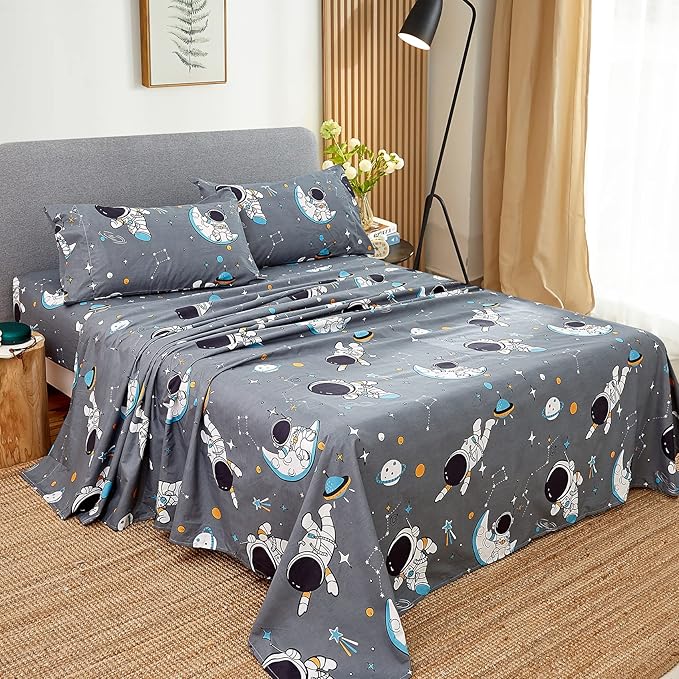JSD Grey Astronaut Kids Sheet Set Full Size, 4 Piece Boys Space Adventure Printed Microfiber Sheets Deep Pocket