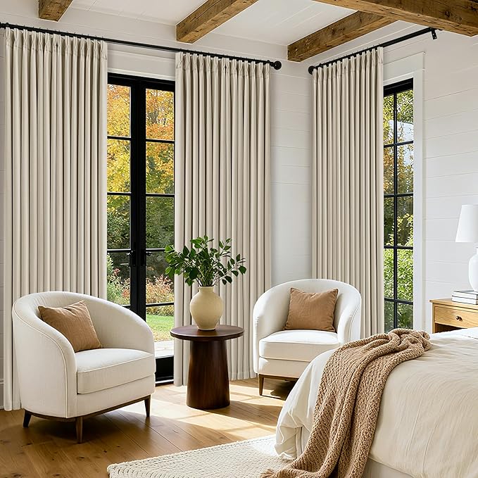 Pinch Pleated Blackout 90 Inch Curtains 70 Inch Wide Linen Dual Layer Soundproof Farmhouse Bedroom Window Curtains for Living Room Sliding Door with Hooks Rings Back Tab 100% Black Out Drapes 1 Panel