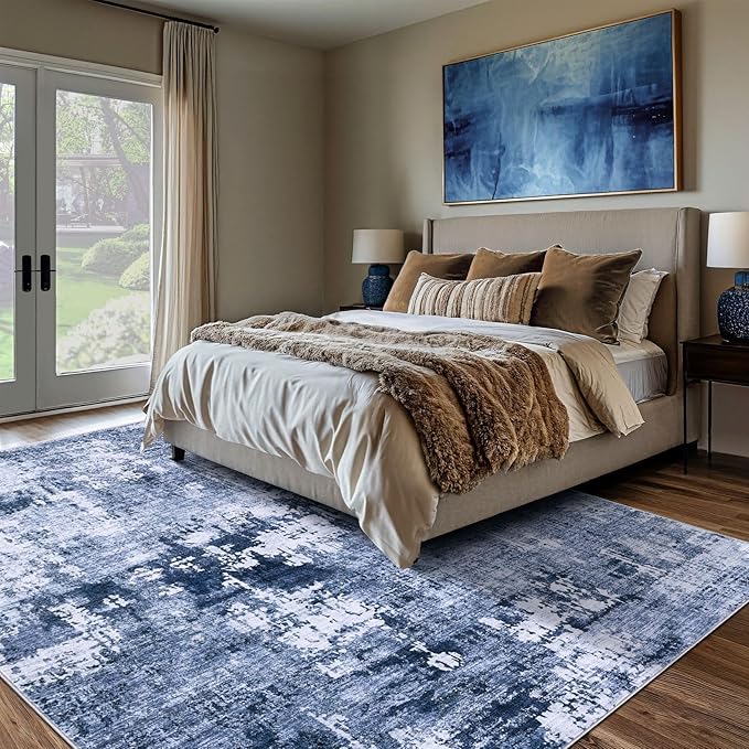 Area Rug Living Room Rugs - 5x7 Washable Large Soft Indoor Neutral Modern Abstract Low Pile Rug Carpet for Bedroom Dining Room Farmhouse Home Office - Navy Blue