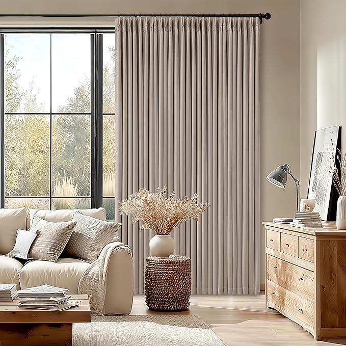 Greyish Beige Pleated Blackout Curtains 96 Inches Long 2 Panels Set for Dining Living Room Darkening Neutral Memory Shape Pinch Pleat Black Out Heavy Duty Thermal Insulated Curtain Drapes with Liner
