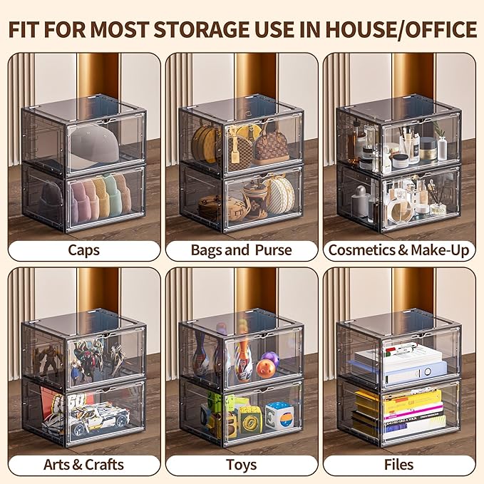 12 Pack XX Large Shoe Organizer, Heavy-Duty Hard Thicken Plastic Clear Stackable Shoe Storage Box Organizer for Closet, Space-Saving Shoe Rack Display Case Bin Containers for Sneakers, Grey