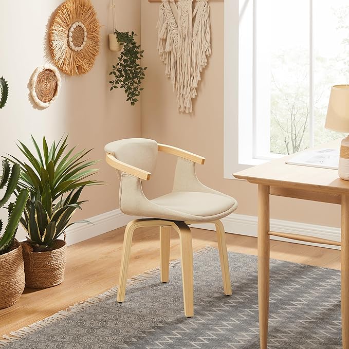 Art Leon Desk Chair No Wheels - Mid Century Modern Swivel Accent Chair, Fabric Upholstered Home Office Desk Chair for Small Spaces Living Room Bedroom, Off White