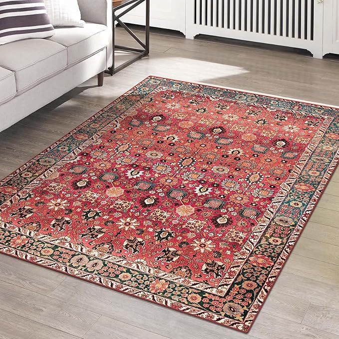 vivorug 6x9 Area Rug, Ultra-Soft Washable Rug for Living Room, Dinner Room, Bedroom, Non-Slip Vintage Red Rug, Indoor Carpet Large Area Rug