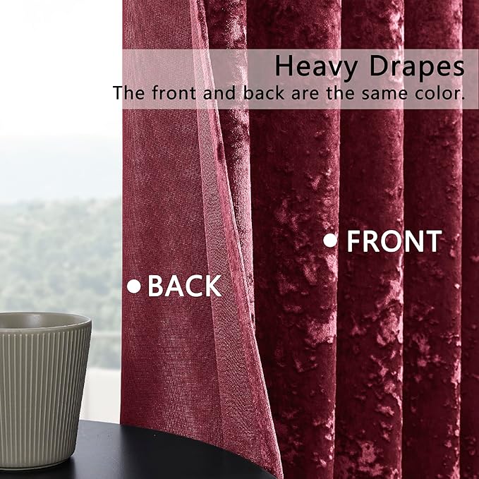 SMILETIME Burgundy Red Crushed Velvet Curtains 52x108inch Rod Pocket Luxurious Thermal Insulated Soundproof Drapes Soft and Durable Light-Filtering Window Treatments for Living Room Bedroom, 2 Panels