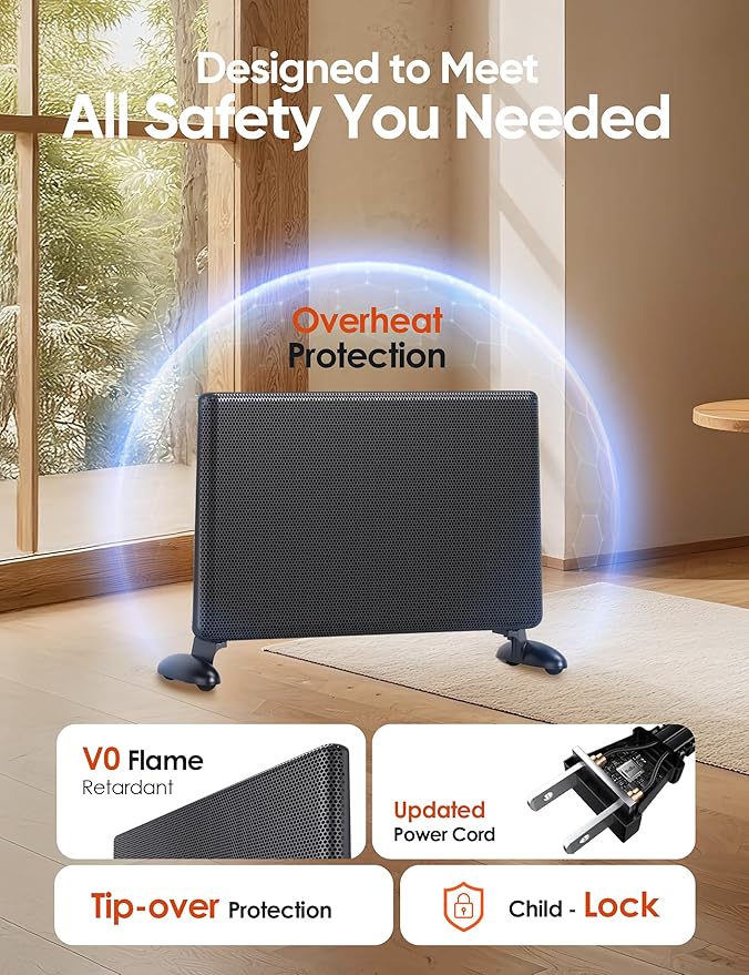 Ballu Mica Infrared Space Heater Large Room,Panel Heater with Programmable Thermostat,WiFi App Control,Portable Stand or Wall Mount, Energy Efficient Smart Quiet Heater,Work with Alexa,Black