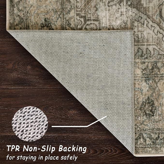 vivorug 4x6 Rug, Small Area Rug for Living Room, Bedroom, Kitchen, Machine Washable Non-Slip Throw Rug, Vintage Carpet for Entryway Nursery Coffee Table - Durable (Olive)