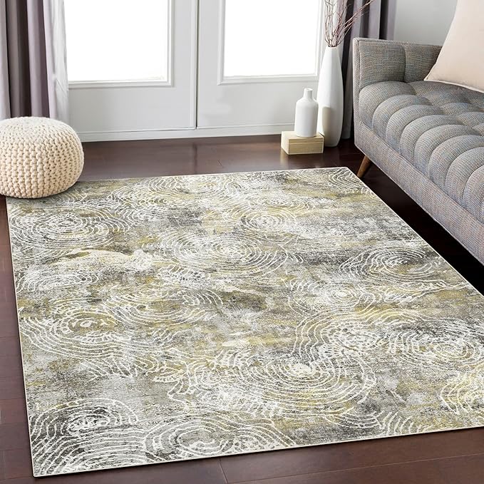 5x7 Area Rugs - Ultra-Thin Washable Rug with Non-Slip Backing, Ideal for Living Room, Bedroom, Kitchen Floor Carpet - Modern Abstract Style, Easy Clean, Durable, Mustard