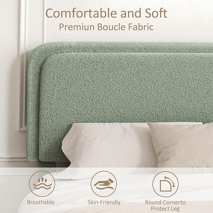 King Size Platform Bed Frame with Headboard, Boucle Upholstered Desige, Anti-Collision Corners, Soft Rounded Corners, No Box Spring Required, Easy Assembly, Noise Free