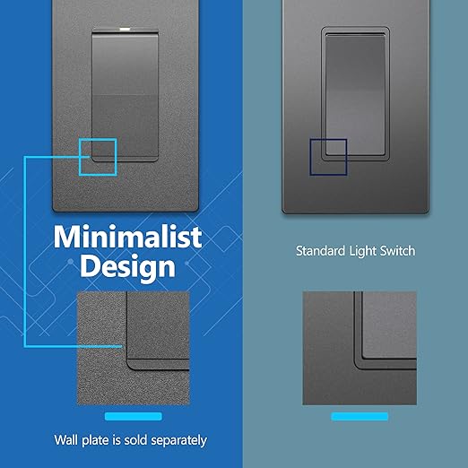 LIDER Minimalist Design Matte Finish Lighted Decorator Switch, Frameless Paddle Light Switch with Locator Light, Grounding Screw, 15A 125V, UL Listed, LS15-1P-SG5P, Space Gray, 5 Pack