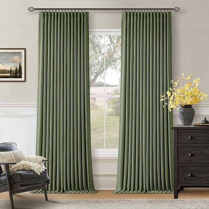 Extra Long Blackout Pleated 108 Inch Curtains Floor Ceiling 2 Panels Set for Living Room Memory Trained Pinch Pleat 100% Black Out Dual Layer Olive Green Soundproof Thermal Insulated Linen Curtains