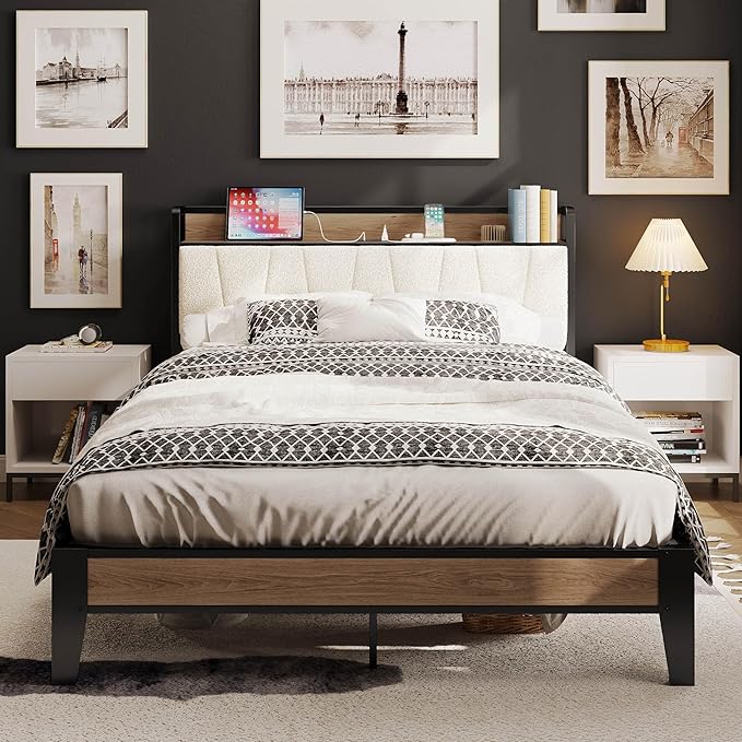 LIKIMIO Full XL Bed Frames, Storage Headboard with Charging Station, Solid and Stable, Noise Free, No Box Spring Needed, Easy Assembly, Wood and Cream