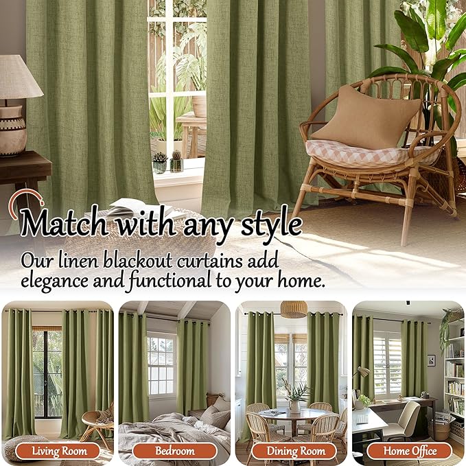 100% Linen Blackout Curtains for Bedroom Living Room 45 Inch Long 2 Panels, Thermal Insulated Light Blocking Soundproof Curtains, Noise Reducing Window Drapes 52x45 Inch 2 Panels, Olive Green