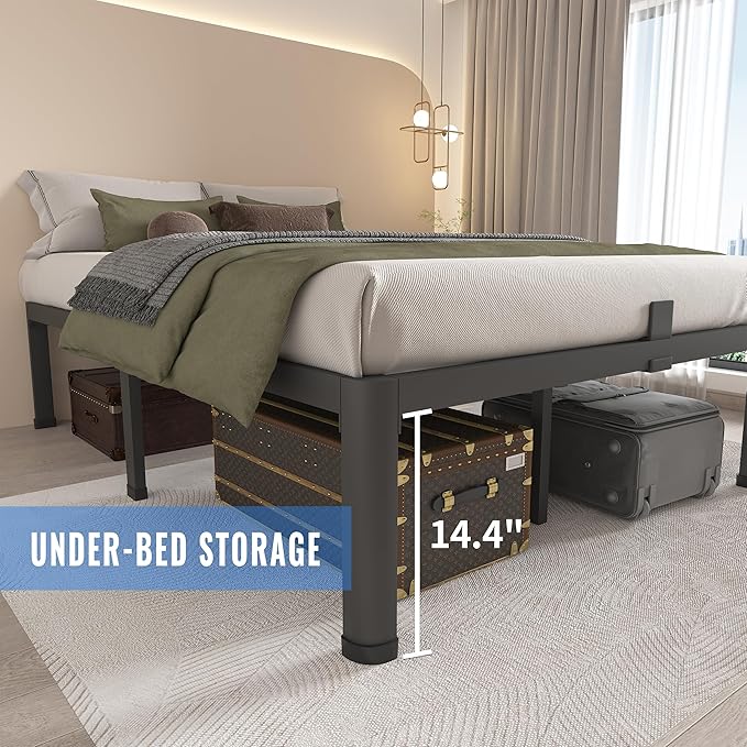 MAF 16 Inch California King Bed Frame with Round Corner Legs Mattress Slide Stopper No Box Spring Needed Heavy Duty Metal Platform Bed Frames, 3000 LBS Steel Slats Support