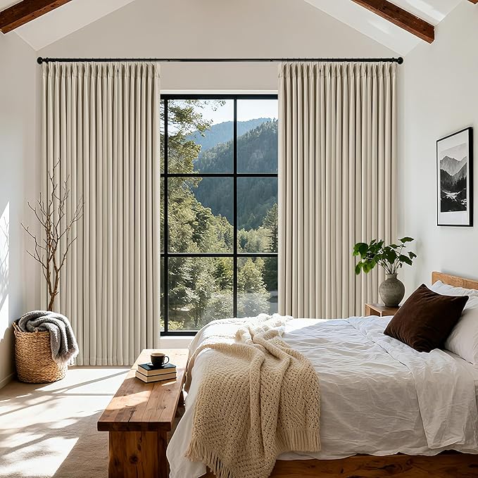 Extra Wide Oatmeal Beige Blackout Sliding Glass Door Curtains 108 Inches Long Memory Trained Pinch Pleated Linen Double Layer Black Out Heat Blocking Curtain 70 Inch Width 108 Inch Length 1 Panel