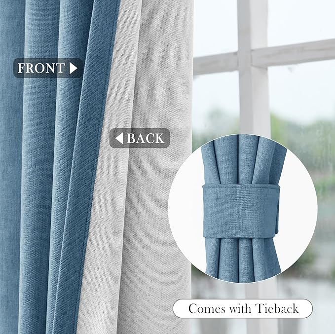 Macochico 100% Blackout Chenille Curtains Thermal Insulated Noise Reducing Velvet Draperies for Living Room Bedroom Hotel Ashtray Blue Blackout Curtains Grommet Top with Tieback 84" Wx84 L 1 Panel