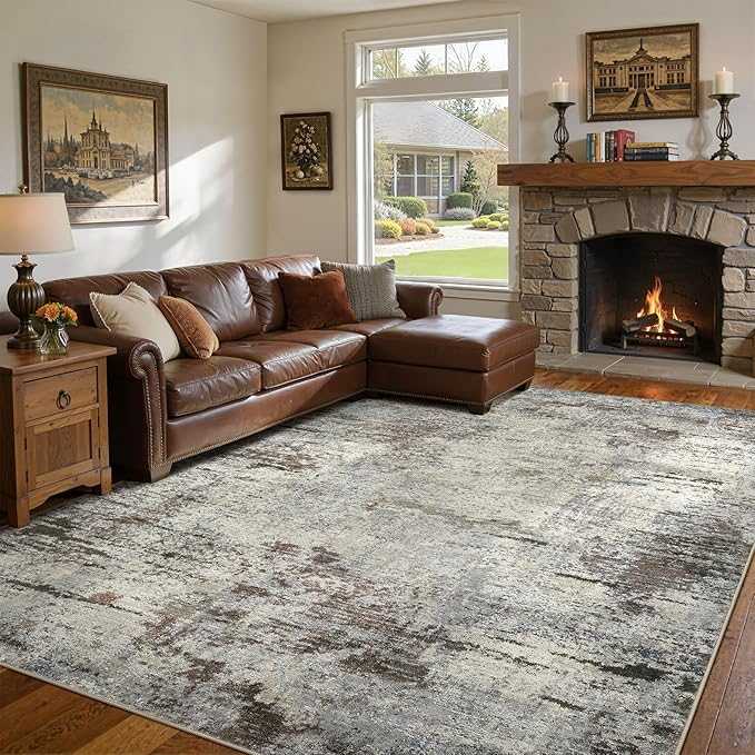 Area Rug Living Room Rugs - 10x12 Washable Large Soft Indoor Neutral Modern Abstract Low Pile Rug Carpet for Bedroom Dining Room Farmhouse Home Office - Brown Rust