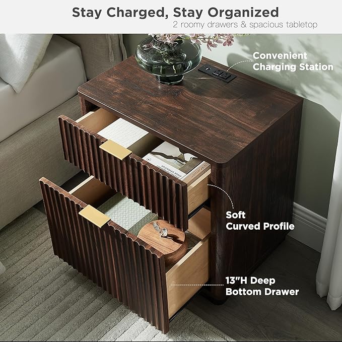 T4TREAM 23'' Fluted Nightstand Set of 2 with Charging Station, Large 2 Drawer Bedside Table, Modern End Table with Storage, Mid Century Night Stand for Bedroom Living Room, Curved Profile, Dark Walnut