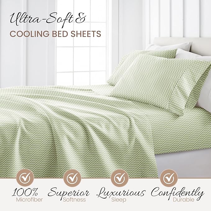 Linen Market Double-Brushed Patterned Microfiber Twin Sheet Set 3 Piece – Oeko-TEX Certified Ultra Soft & Wrinkle-Free - 16" Deep Pocket Sheets - Easy Care Twin Size - Puffed Chevron Sage