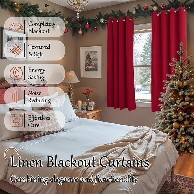 Red Christmas Linen Blackout Curtains 54 Inch Long 2 Panels, Cold Blocking Winter Thermal Insulated Curtains for Living Room Small Window Decor, Soundproof Curtains Each 52x54 Inch 2 Panels
