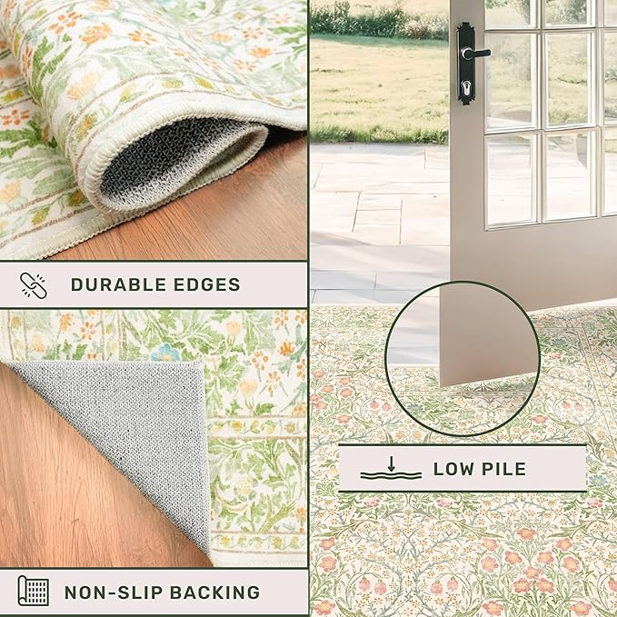 Washable Light Green Rug for Living Room - 9x12 Large Area Rug for Dining Room Under Table, Soft Low Pile Carpet for Bedroom - Vintage Floral, Non-Slip & Stain Resistance (9x12 Beige Green)