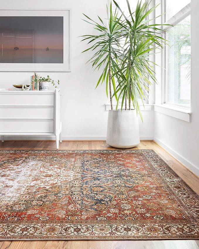 Loloi Layla Collection LAY-05 Ocean/Multi 2'-0" x 5'-0" .13" Thick Accent Rug, Soft, Durable, Vintage Inspired, Distressed, Low Pile, Non-Shedding, Easy Clean, Printed, Living Room Rug