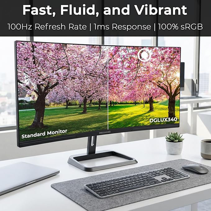 Deco Gear 34-Inch Business Curved Super UltraWide WQHD Monitor 3440 × 1440 R1500 100Hz 1ms 100% sRGB HDR 2× DisplayPort 2× HDMI Tilt Adjustable PIP/PBP Low Blue Light, American Seller