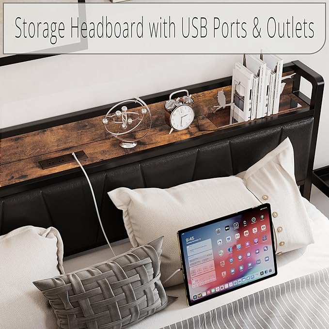LIKIMIO Queen Bed Frame, Storage Headboard with Charging Station, Solid and Stable, Noise Free, No Box Spring Needed, Easy Assembly (Vintage and Black)