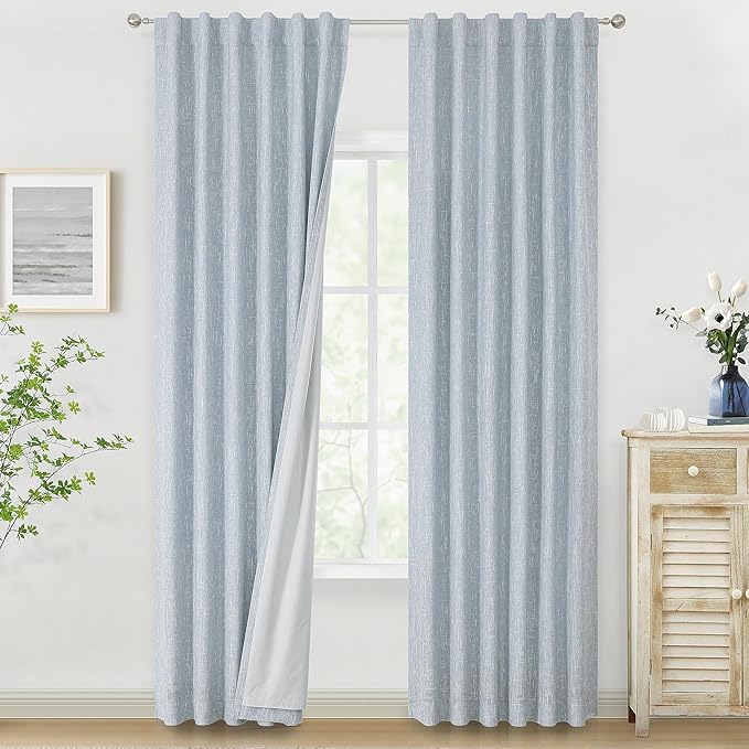 Vision Home Rod Pocket Back Tab Chambray Blue Total Blackout Bedroom Curtains 95 inch for Living Room Window Panels Thermal Insulated Energy Efficient Soundproof Grayish Blue Drapes 2 Panels 50"Wx95"L