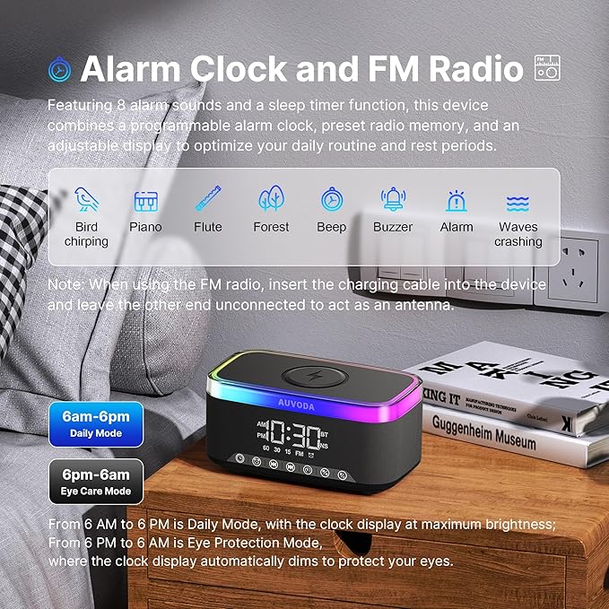 AUVODA S300 Portable Bluetooth Speaker with 15W Fast Wireless Charging, 13-Color Dimmable Night Light, White Noise, Alarm, FM Radio, 16W Stereo, BT5.3, TWS, for Home, Office, Bedroom (Black)