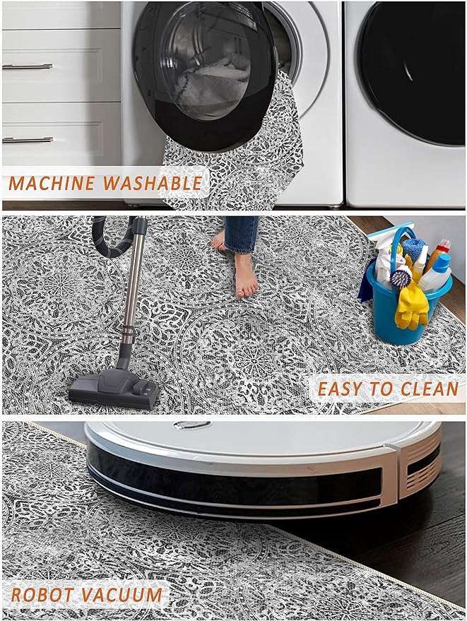 vivorug 5x7 Area Rugs - Ultra-Thin Washable Rug with Non-Slip Backing, Ideal for Living Room, Bedroom, Kitchen Floor Carpet - Vintage Medallion, Easy Clean, Durable, Grey