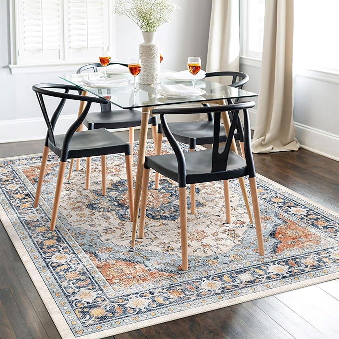 vivorug 5x7 Area Rugs - Boho Ultra-Thin Washable Rug with Non-Slip Backing, Ideal for Living Room, Bedroom, Kitchen Floor Carpet - Vintage Floral, Easy Clean, Durable, Low Pile Orange/Navy