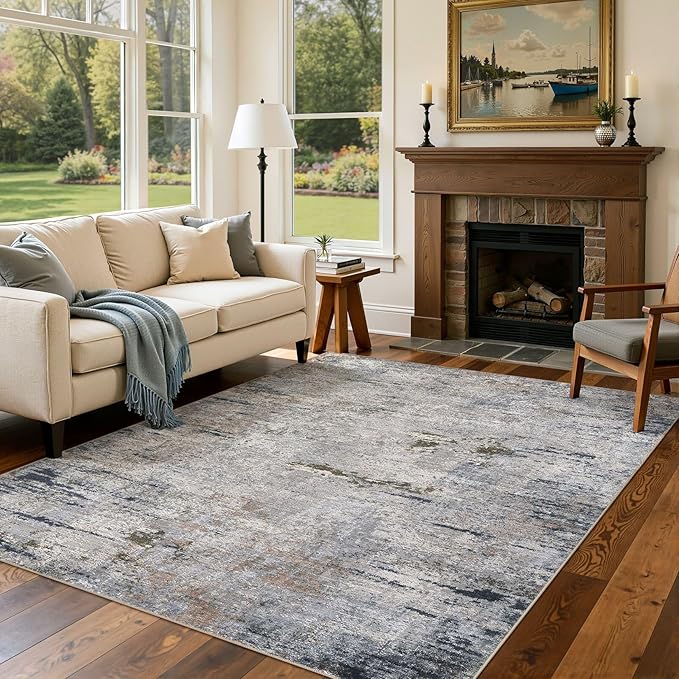 Area Rug Living Room Rugs - 6x9 Washable Large Soft Indoor Neutral Modern Abstract Low Pile Rug Carpet for Bedroom Dining Room Farmhouse Home Office - Blue/Grey/Brown