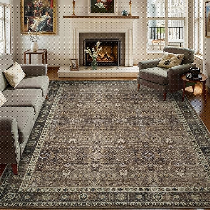 9x12 Vintage Washable Area Rug for Living Room,Low Pile Non Slip Carpet Non-Shedding Large Area Rug Soft Indoor Stain Resistant Rug Floral Print Mat for Bedroom Dining Room Brown Floral