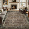 9x12 Vintage Washable Area Rug for Living Room,Low Pile Non Slip Carpet Non-Shedding Large Area Rug Soft Indoor Stain Resistant Rug Floral Print Mat for Bedroom Dining Room Brown Floral