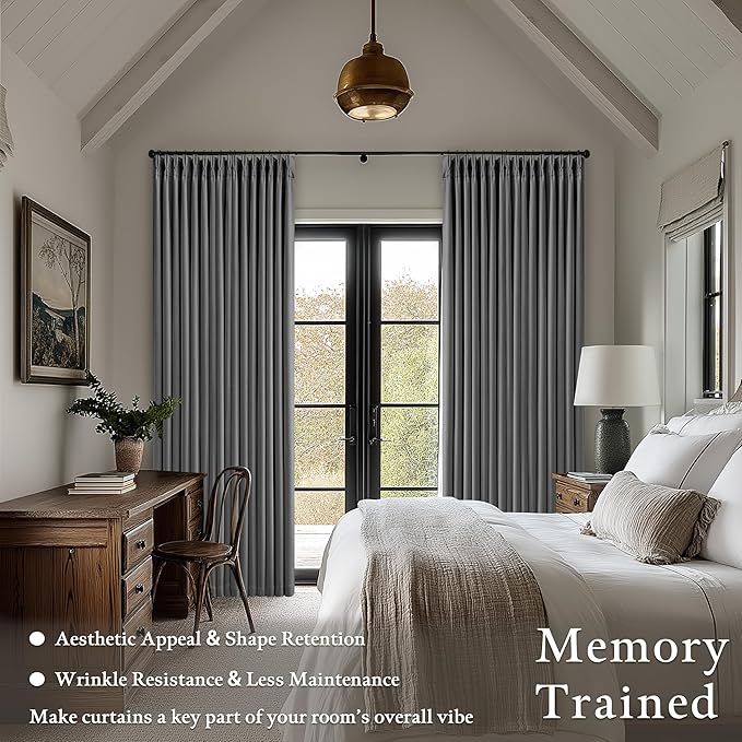 Grey Pleated Linen Blackout Curtains 84 Inches Long for Bedroom Living Room Pinch Pleat Black Out Thermal Insulated Ring Hooks Back Tab Room Darkening Drapes Charcoal Gray 84 Inch Curtains with Liner