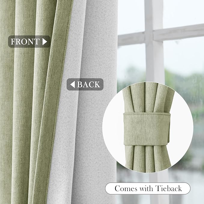 Macochico 52" Wx108 L 100% Blackout Curtains Extra Long Thermal Insulated Chenille Curtains for Living Room Bedroom Auditorium Home Theater Green Tint Grommet Curtains with Tieback Classic 1 Panel