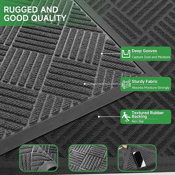 Front Door Mat, Heavy Duty Indoor Outdoor Doormat, 72" x 48" Low Profile Outdoor Mats for Home Entrance, Stain and Fade Resistant Welcome Mat Ideal for High Traffic Area, Diamond Grey