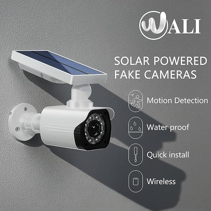 WALI Dummy Fake Camera, Security Camera with Motion Sensor Flood Light, Simulated Surveillance Security CCTV Dome Camera Indoor Outdoor (TCW2-SOL), 2 Packs, White-Solar