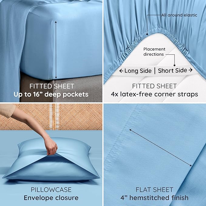 Bambaw 100% Viscose Derived from Bamboo Sheets King Size – 6pcs King Cooling Sheet Set, Luxury Sheets King Size Deep Pocket, Fits Up to 16'' Mattresses, Super Soft (Dream Blue)